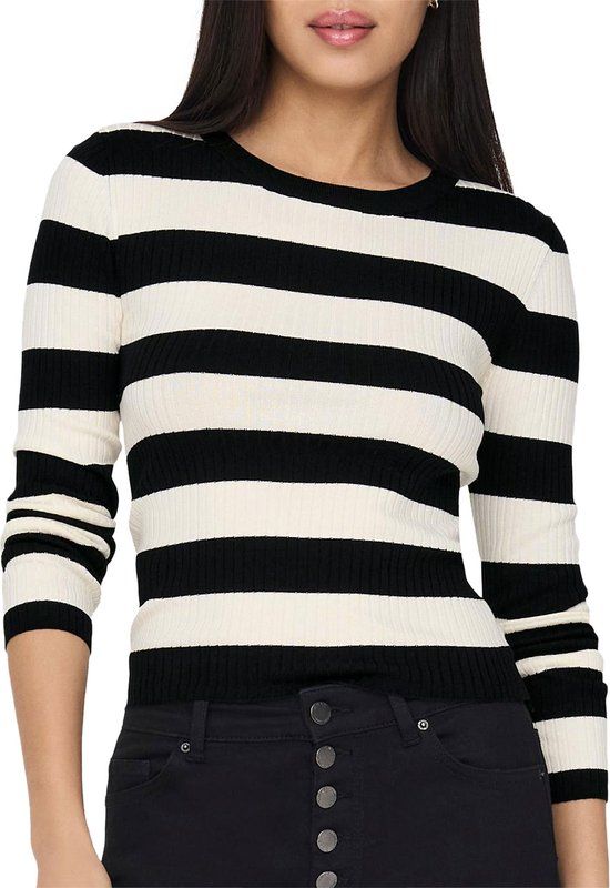 JDY JDYPLUM L/S O-NECK PULLOVER KNT NOOS Dames Trui - Zwart/Wit - Maat L