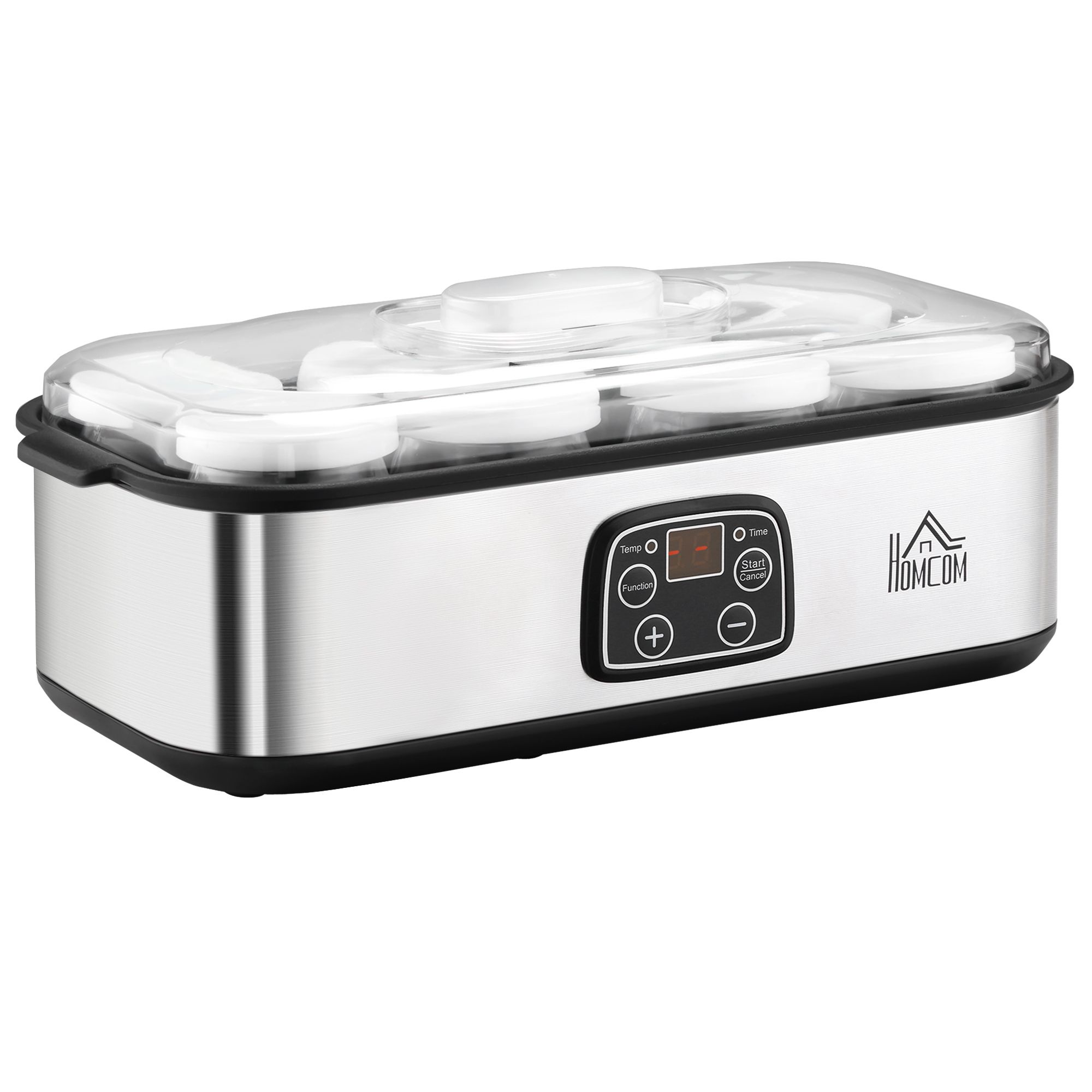 HOMCOM Yoghurtmaker met 8 glazen potten van 180 ml, elektrische yoghurtmachine van roestvrij staal met timer, verstelbare thermostaat en digitale weergave voor gezonde zelfgemaakte desserts