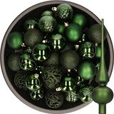 Decoris Boules de Noël - 37x pièces - 6 cm - vert foncé - plastique - incl. étoile en verre mat