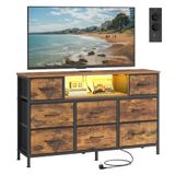 SONGMICS Ladekast met 8 Lades, TV-Meubel, LED-Verlichting, Stopcontacten | Open Vak, Stalen Frame, 113,8 x 30 x 68,1 cm, voor Slaapkamer, Rustiek Bruin, BELLAH Collectie LGS433KD02