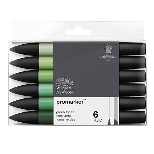 Winsor & Newton 0290158? ProMarker, professionele lay-outmarker - 2 punten, fijn en breed voor tekeningen, design en lay-outs - groene tinten 6 stiften