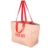 Fisura - Originele strandtas "Fuck off", grote omkeerbare strandtas, beige luipaardprint, tote bag dames XXL van katoen, boodschappentas voor reizen, winkelen of strand, 36 x 31,5 cm