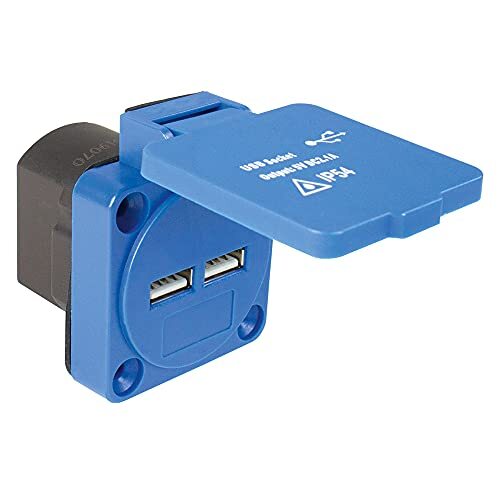 AS-Schwabe USB-inbouwstopcontact met 2x USB-poorten, USB-stopcontact, ingangsspanning 230 V & USB-poorten 5 V/2,1 A, voor gebruik buitenshuis en binnen, met deksel, IP54, blauw, 45089