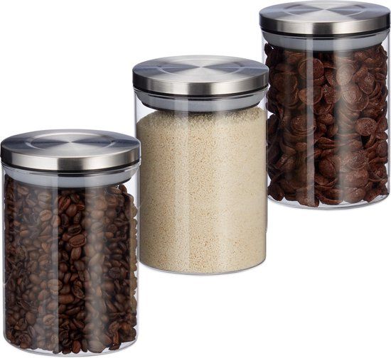 Relaxdays Voorraadpot Set - 3 x 750ml - Luchtdicht - RVS Deksel - Transparant