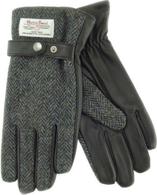 Heren Handschoenen Grijs gem&#234;leerd met Zwart Leer zonder verpakking - Harris Tweed - Glen Appin of Scotland