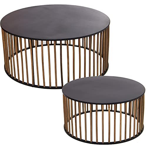 DRW Set van 2 ronde tafels van hout in zwart en naturel, 80 x 36 cm en 62 x 31 cm