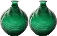 Jodeco Bloemenvaas/flesvaas - 2x - groen - bolvorm met ribbel - D16 x H20 cm