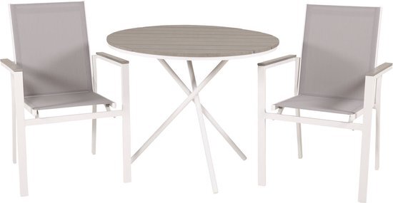 Hioshop Parma tuinmeubelset tafel Ø90cm en 2 stoel Parma wit, grijs, crèmekleur.