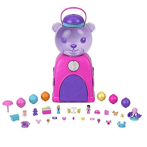 Polly Pocket Reisspeelgoed, Kauwgomballenbeer Speelset, 2 micropoppen en meer dan 30 accessoires, werkende kauwgomballenautomaat met niet-eetbare kauwgomballen, HJN90