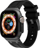 Strap-it luxe liquid siliconen bandje geschikt voor de Apple Watch 1/2/3/4/5/6/8/9/10/11/SE(2-3)/Ultra(2-3) in de maat: 44mm / 45mm / 46mm / 49mm - luxe rubberen iWatch sport bandje met RVS aansluiting (zwart)