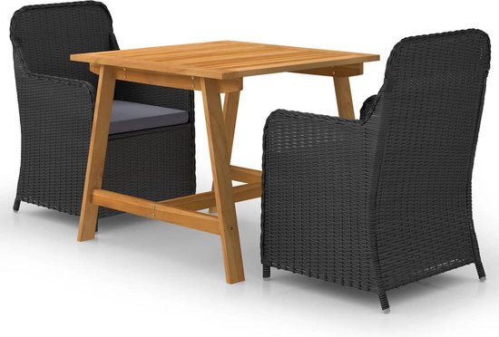 The Living Store Tuinset Acaciahouten Eettafel - 88x88x74cm - Zwart PE Rattan Stoelen - 64x65x90cm - Donkergrijs Kussen