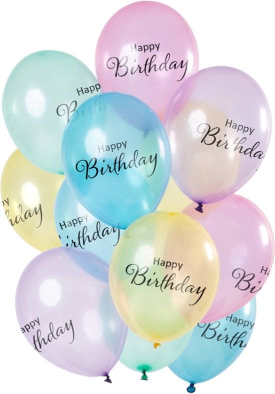 Folat Ballonnen 'Happy Birthday' Pastel Transparant 30cm - 12 stuks