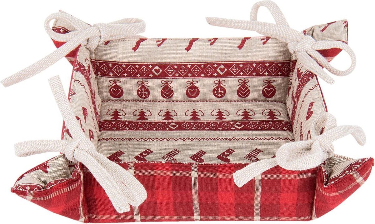 Clayre & Eef Broodmand 35*35*8 cm Rood Katoen Vierkant Kerst Broodmandje