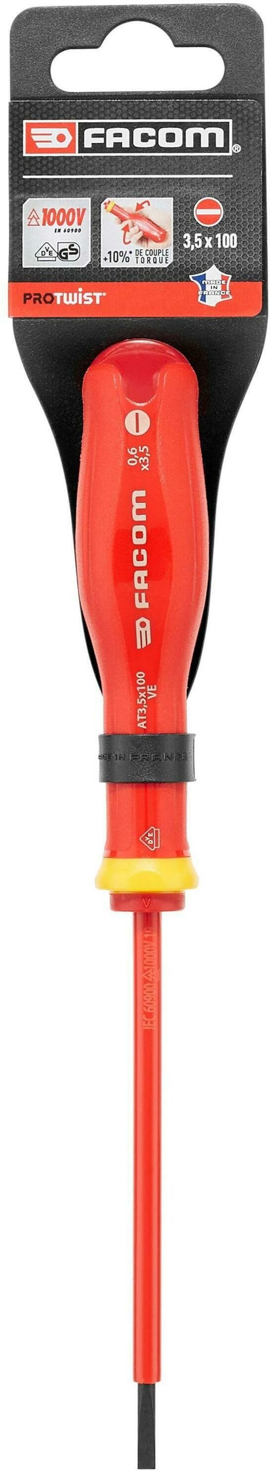 Facom AT.VE - Tot 1000 Volt Geïsoleerde Protwist® Schroevendraaiers voor Sleufschroeven | 3,5 x 100 mm - AT3.5X100VEPB