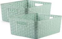 PLASTICFORTE 5x stuks rotan gevlochten opbergmand/opbergbox kunststof - Mintgroen - 28 x 36 x 13.5 cm