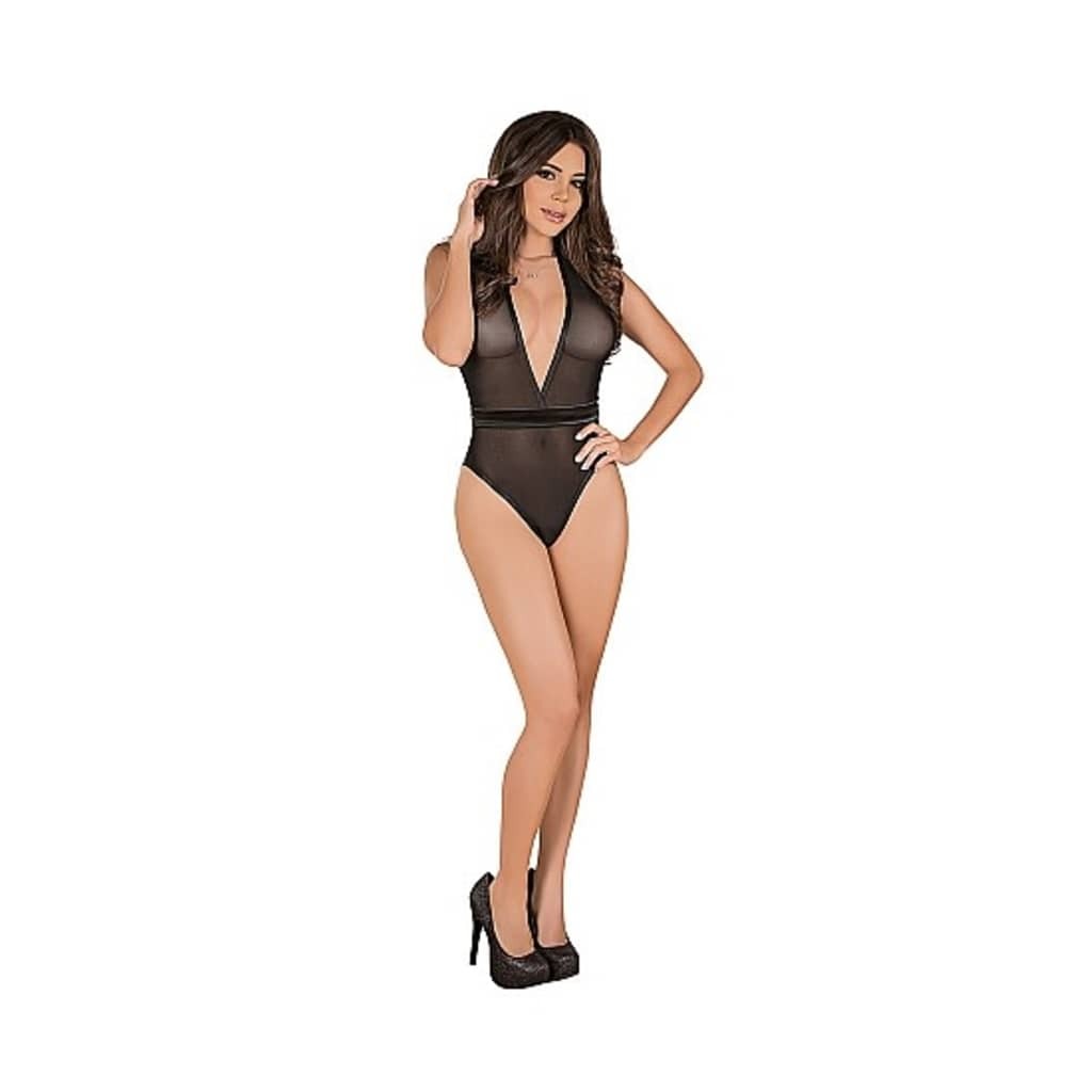 Magic Silk Deep Plunge Teddy w/ Snap Crotch - Black - L/XL