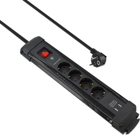 Allteq Stekkerdoos - 4-voudig - 2x USB - Aan/uit schakelaar - 1.5 meter - Zwart