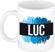 Bellatio Decorations Luc naam cadeau koffie mok - beker - met blauw verfstrepen - Cadeau collega - vaderdag - verjaardag - meester - coach - 300 ml - wit