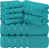 Utopia Wan GmbH Set van 8 katoenen handdoeken met viscosestrepen en hanger, 2 badhanddoeken, 2 handdoeken, 4 washandjes (turkoois)