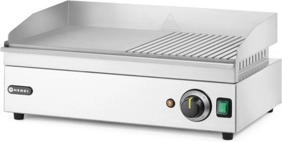 HENDI Bakplaat half geribbeld – roestvast staal – traploos instelbaar – 527x404 mm
