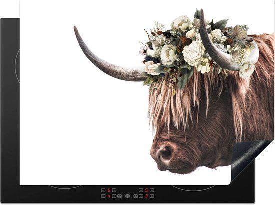 KitchenYeah® Inductie beschermer 70x52 cm - Schotse Hooglander - Bloemen - Wit