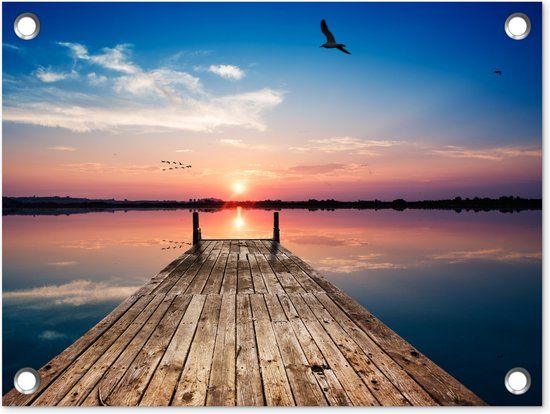 GreatGardenPosters Tuin decoratie Steiger - Water - Zonsondergang - Roze - Horizon - 40x30 cm - Tuindoek - Buitenposter