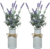 Decoris Lavendel kunstplant - 2x stuks - in witte pot - paars - H32 cm