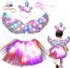Sans marque Ensemble de costumes de princesse 4 pièces pour filles avec lumières LED - Ailes en plumes et jupe en tulle - Cadeau d'anniversaire pour carnaval et soirées dansantes - Convient aux filles de 3 à 6 ans