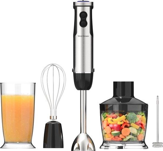 Vivid Green 6-in-1 Staafmixer 1000W - Set - Hakmolen - 12 Snelheden - Incl. Melkopschuimer & Maatbeker - RVS - Vivid Green