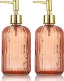 HOHAOO Glazen zeepdispenserfles met pomp, 500 ml druppelloze roestvrijstalen pompfles, hervulbare handbediende vloeistofdispenser voor badkamer (2-pack) Amber 14 Oz
