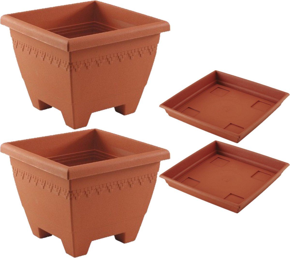 Hega hogar 2x vierkante plantenbakken 40x40x31cm terra cotta met opvangschaal