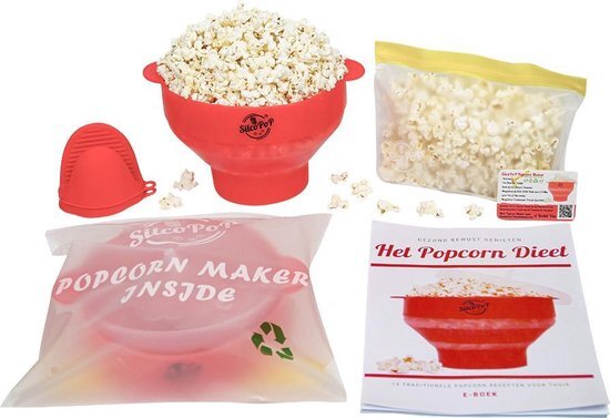 SilcoPoP Popcorn Popper Siliconen Rood - Popcorn Maker Opvouwbaar Large - Magnetron Schaal met Deksel - Handige Handvaten - 100% BPA Vrij - Food Grade Siliconen - Magnetron & Vaatwasser Geschikt - Eigen Kruiden - Gezonde Keuze - Met Recepten E Book