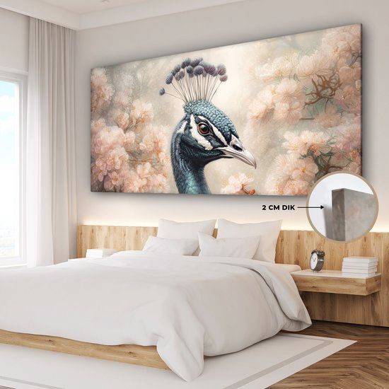 OneMillionCanvasses Canvas schilderij 160x80 cm - Pauw - Vogels - Bloemen - Botanisch - Muurdecoratie
