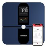 TERRAILLON - Color Connect - Bluetooth Smart weegschaal, hartslag, massa's: vet-spier-water-botten, BMI, capaciteit 180 kg, schaal 50 g, multi-kleurendisplay, blauw