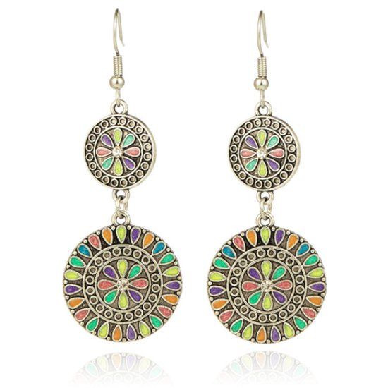 Deja Jewels Lookinggoodtoday Dubbele ronde zilverkleurige dames oorbellen multicolor en strass