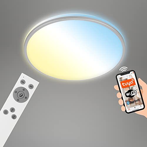 Briloner - Smart LED plafondlamp, ronde WiFi woonkamerlamp, kleurtemperatuurregeling, dimbare plafondlamp met afstandsbediening, spraakbesturing, chroom mat, Ø490 mm.