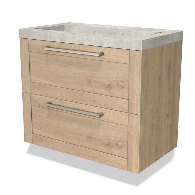 Maxaro Badkamermeubel 80cm Modulo Lichtbruin Eiken 2 Lades Kader Wastafel Beton Greige