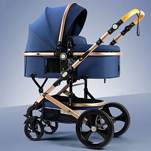 KHUY Lichtgewicht kinderwagen met draaggreep - roségouden frame en marineblauwe luifel - lichtgewicht reiswandelwagen (blauw)