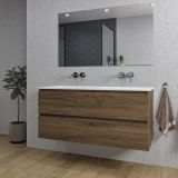 Saniclass Chaci Badkamermeubelset - 120x46x55cm - keramische wastafel wit - 2 wasbakken - zonder kraangaten - 2 lades - rechthoekige spiegel - noten (hout)