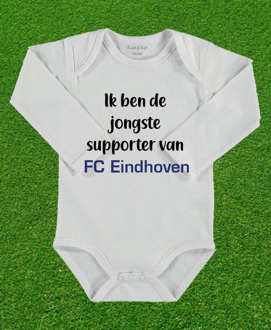 Wit rompertje lange mouw met tekst FC Eindhoven is mijn club maat 74/80