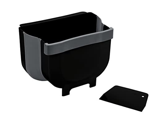 WENKO Inbouwprullenbak Fago, 5 liter, hangende Black Outdoor Kitchen-afvalbak inclusief schraper, zonder boren te bevestigen aan een kastdeur of lade, opvouwbaar, 25,5 × 18 cm × 18 cm, zwart