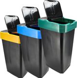 Discountershop B.V. Prullenbakken Set van 3 - 60L Zwarte Sorteerbakken met Geel, Blauw, Groen Deksel