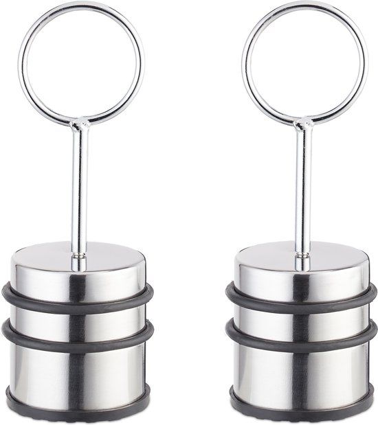Merkloos Relaxdays deurstopper, set van 2, met handgreep, rvs & rubber, HxØ: 20x7 cm, binnen, deurstop zonder boren, zilver/zwart