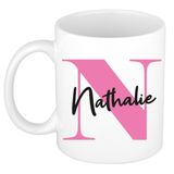 Bellatio Decorations Naam mok Nathalie - roze - wit - keramiek - 300 ml - cadeau beker