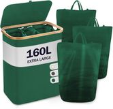 Merkloos Wassorteerder - Met Deksel, 3 Vakken inclusief 3 Waszakken, 160 Liter, Opvouwbaar Bamboe - Groen
