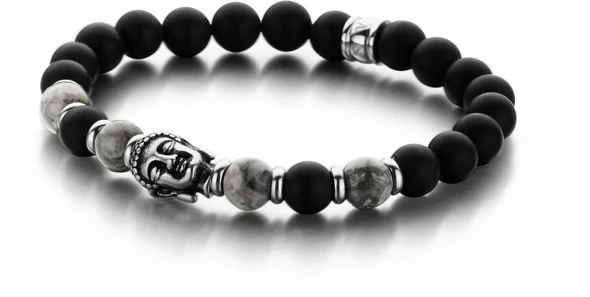 Frank 1967 Heren Natuurstenen Armband - 8 mm Agaat met Stalen Boeddha - Zwart/Grijs