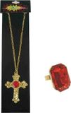 Merkloos Sinterklaas sieraden accessoires set - gouden ketting - en rechthoekige ring - met rode stenen