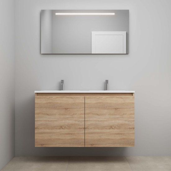On-Line Badkamermeubelset - 120 cm - Voorgemonteerd - Greeploos 2 Deuren - Acryl Wastafel - 2 Kraangaten - Spiegel met LED-Verlichting - Eiken