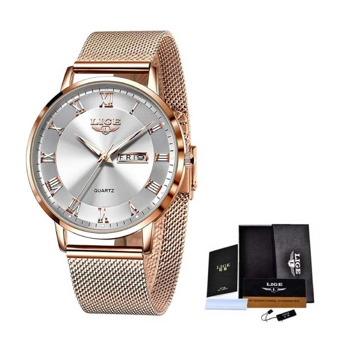 Lige Lige Ultradun Luxe Horloge voor Dames - Kalender Kwarts Roestvrij Staal Waterdicht Horloge Rose Gold Wit