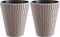 Prosperplast Plantenpot/bloempot Sand Waves - 2x - buiten/binnen - kunststof - beige - D30 x H33 cm - met binnenpot
